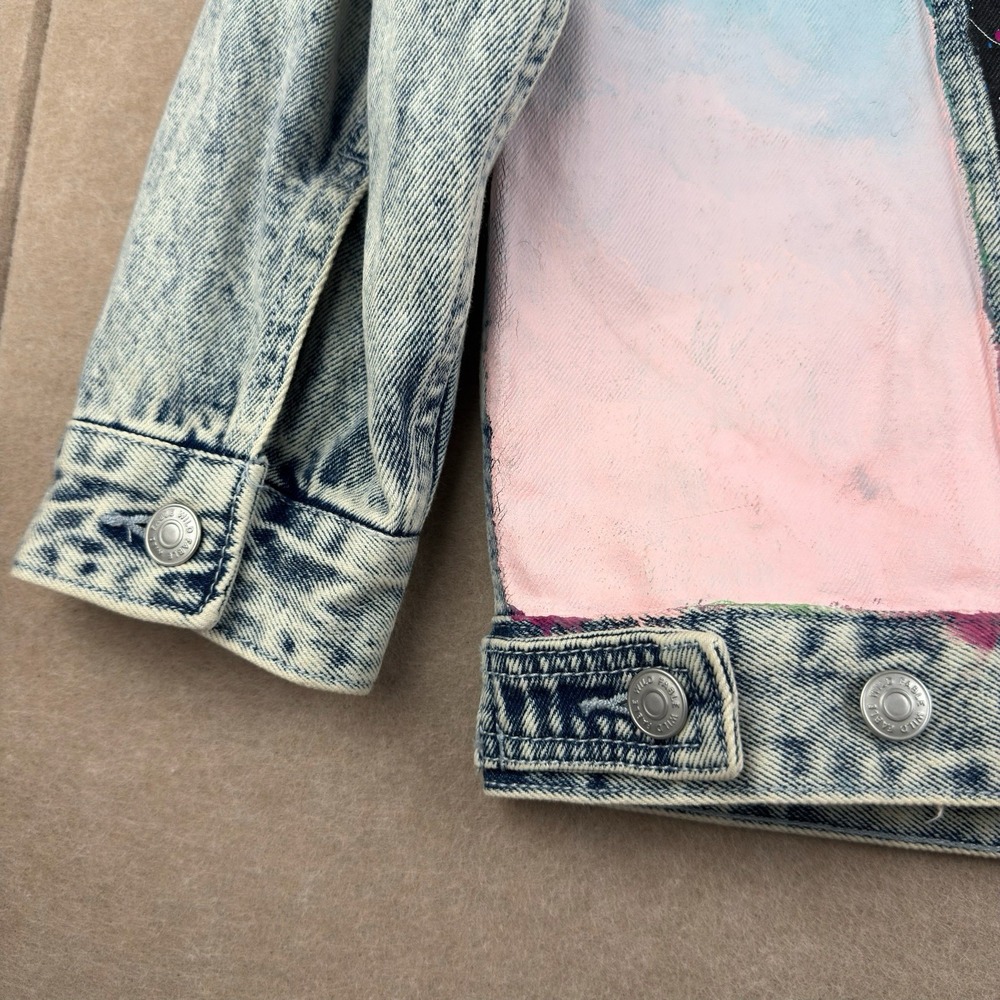 Wild Fable Denim Jacket Women L Acid Wash Palm Tree‎ Floral Painted Retro Art - Picture 11 of 16